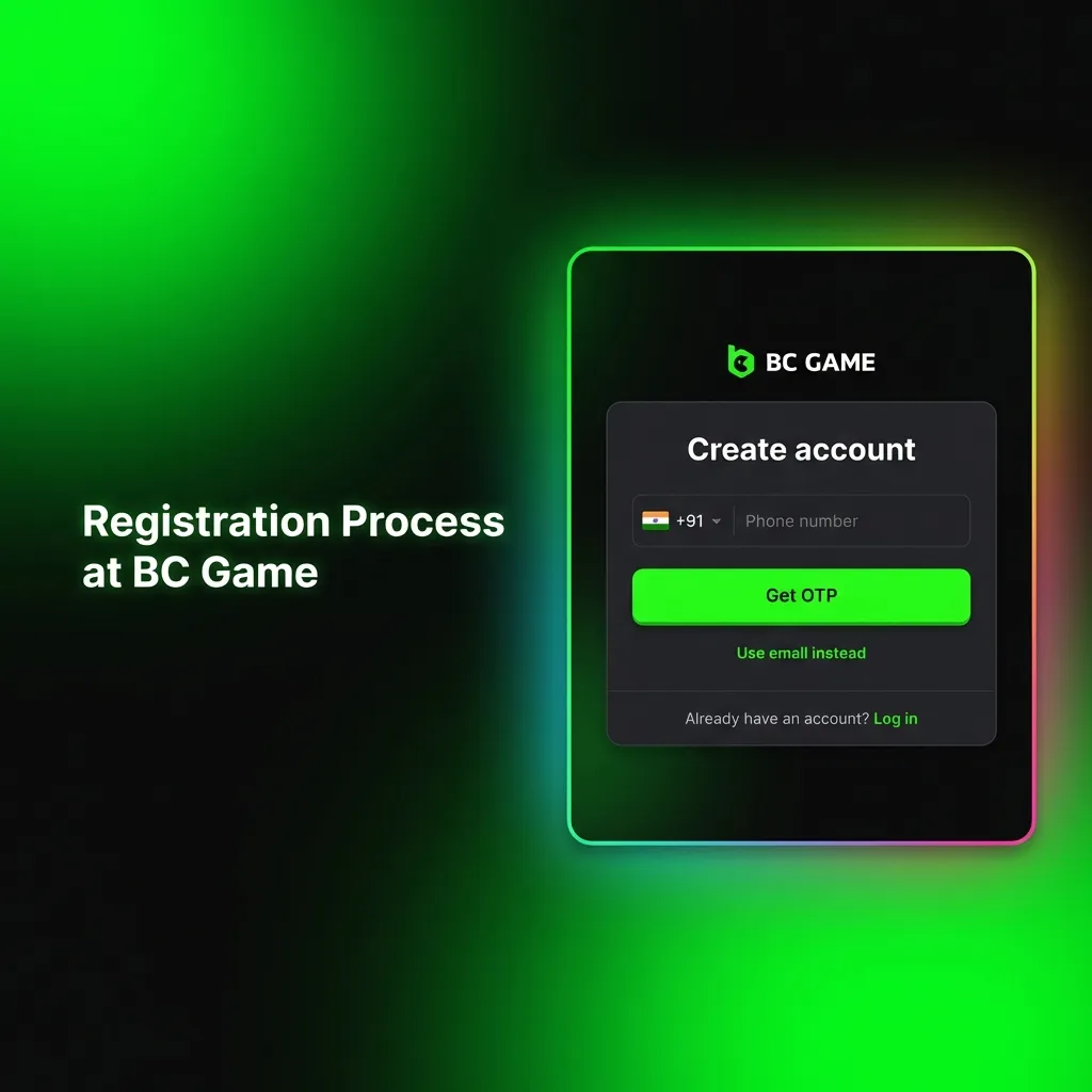 Step-by-step guide showing BC Game registration process using email, phone, or social media in under two minutes